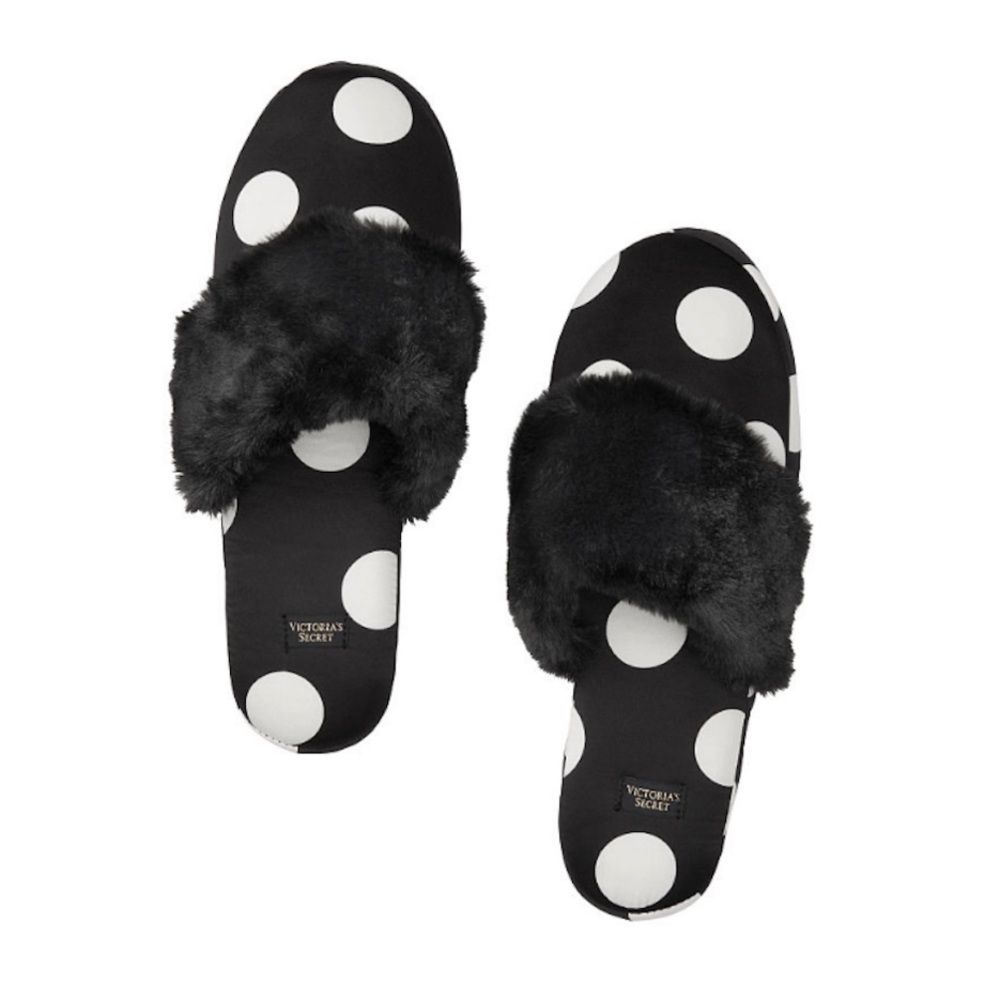 Victoria's Secret Signature Satin Slippers Black White Polka Dot w/Faux Fur (L)